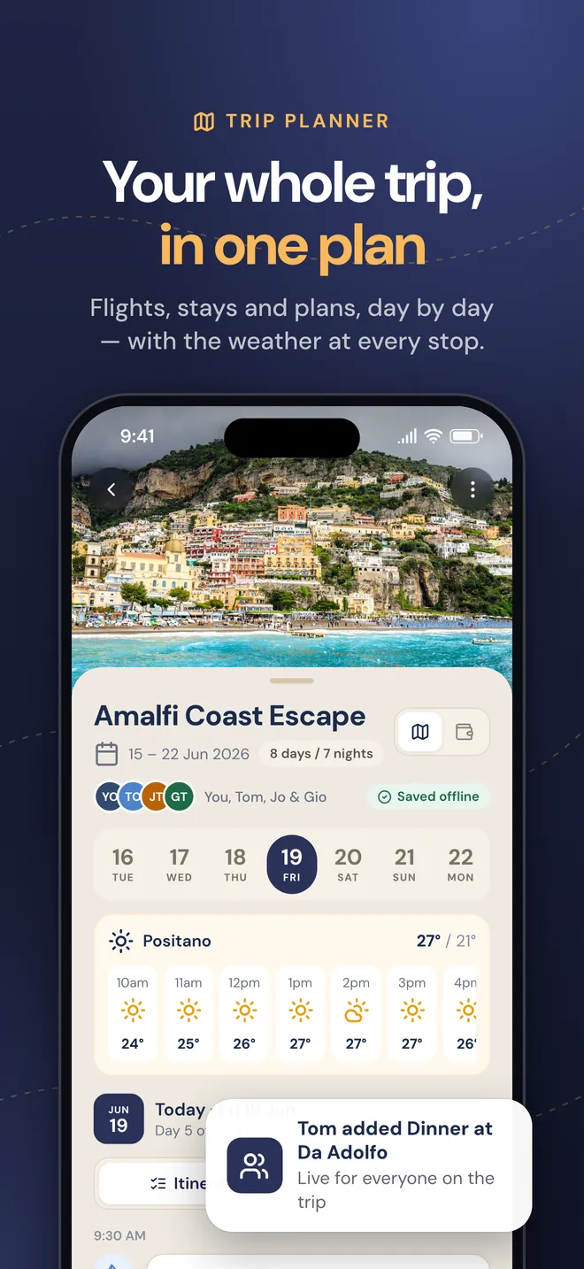 Your whole trip in one plan: flights, stays and plans day by day, with the weather