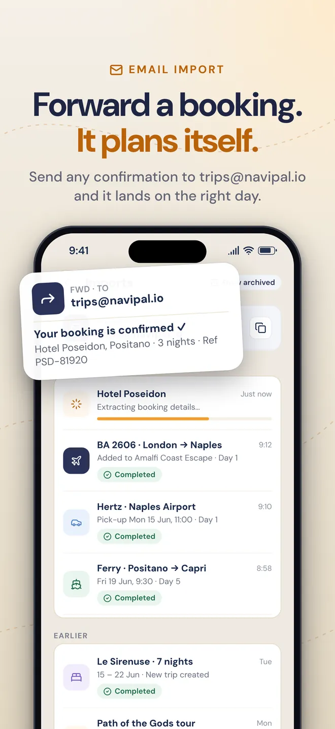 Forward a booking to trips@navipal.io and it lands on the right day