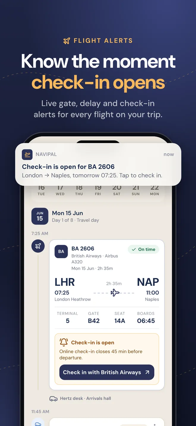 Flight alerts: check-in opening, gate and delay updates