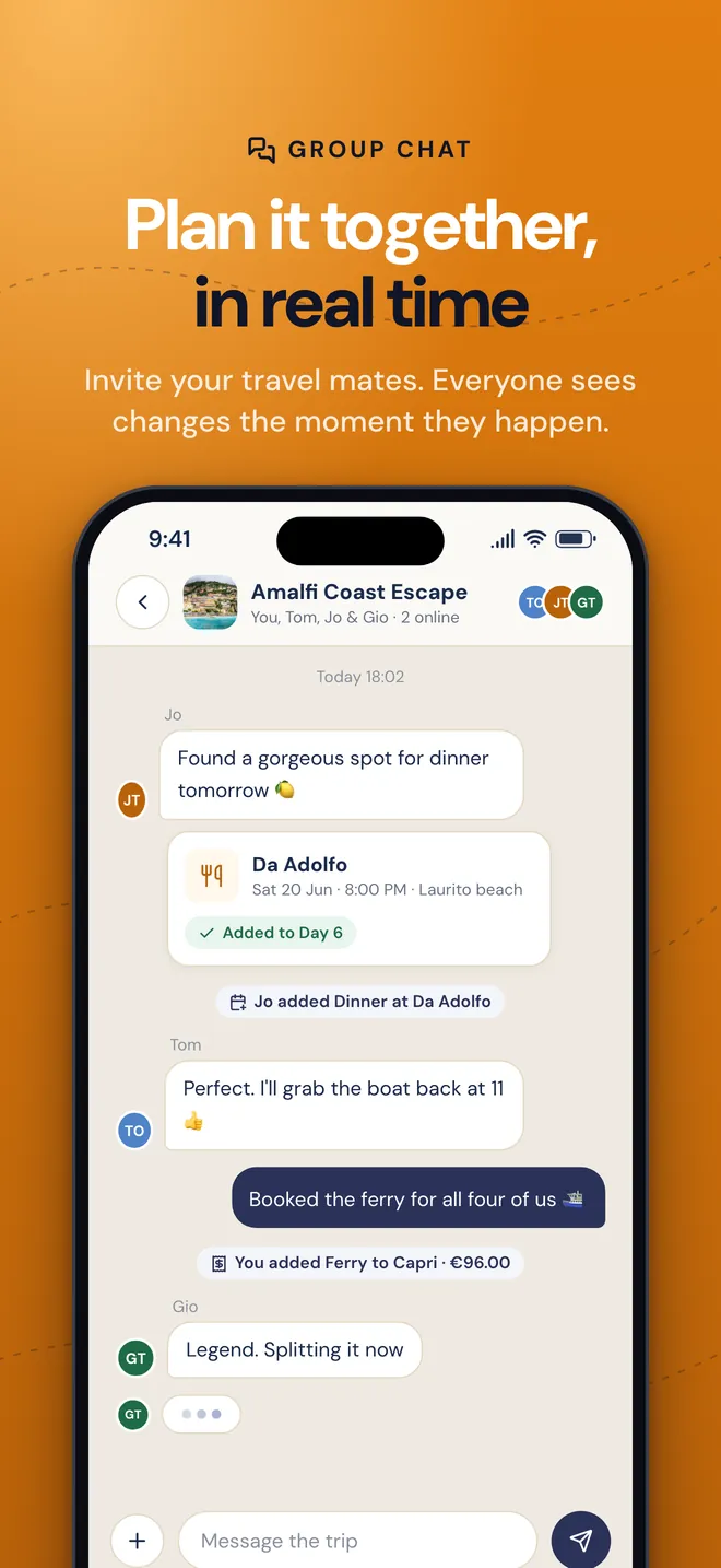Plan together in a trip chat, in real time