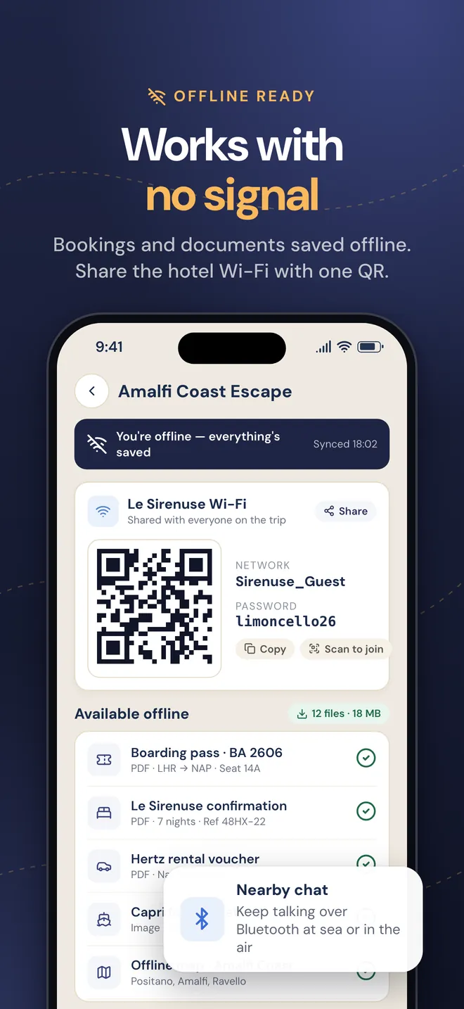 Works with no signal: bookings saved offline and the hotel Wi-Fi as a QR